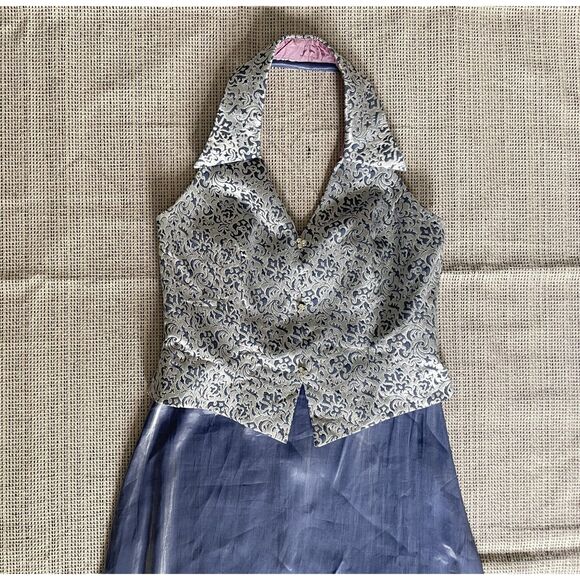 Patra Evening Gown 14 Silver Metallic Halter Top Chiffon Skirt Formal Dress USA - Picture 6 of 12